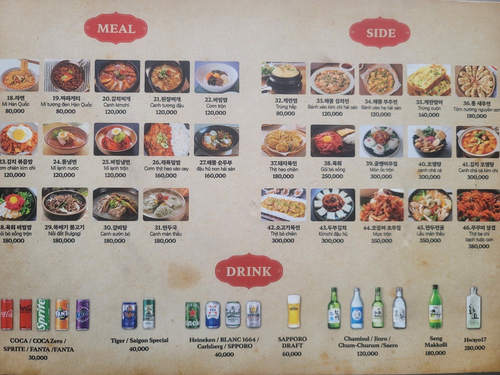 Ho Chi Minh karaoke prices: food and drinks menu board